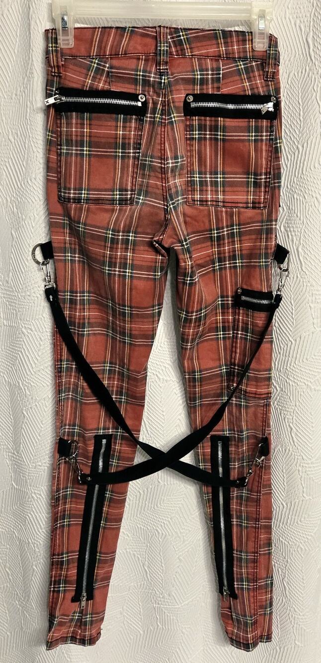 Tripp NYC Chaos Pants Red Plaid Goth, Mall Goth, Punk Bondage Straps Faded Red